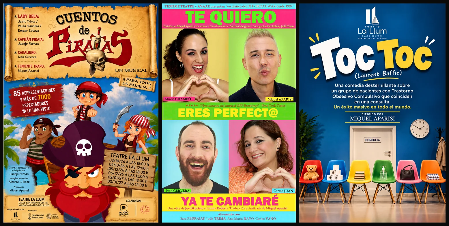 Carteles de Cuentos de piratas, Te quiero, eres perfect@, ya te cambiaré y Toc Toc, obras disponibles para contratación
